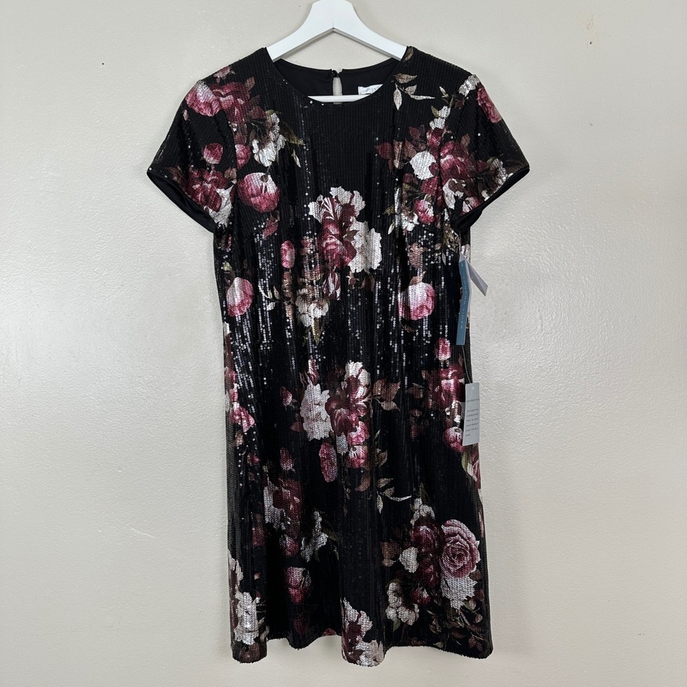London Times Women's 6 Sheath Dress Black Floral Sequin NEW